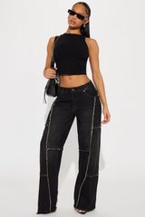 Sorella Non Stretch Frayed Wide Leg Jeans - Black Wash