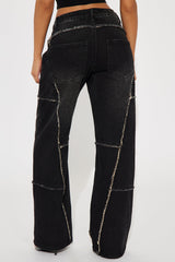 Sorella Non Stretch Frayed Wide Leg Jeans - Black Wash