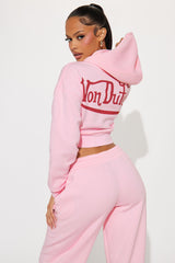 Von Dutch Embroidered Cropped Hoodie - Light Pink