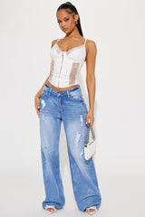 Fine Line Non Stretch Ripped Straight Leg Jeans - Medium Wash