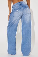 Fine Line Non Stretch Ripped Straight Leg Jeans - Medium Wash
