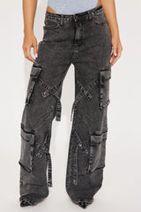 Race My Mind Strappy Straight Leg Jeans - Black Wash