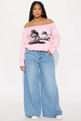 Vintage Highway Cruise Off Shoulder Sweatshirt - Pink