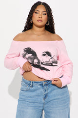 Vintage Highway Cruise Off Shoulder Sweatshirt - Pink