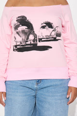Vintage Highway Cruise Off Shoulder Sweatshirt - Pink