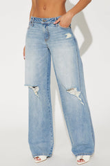 Always So Pressed Stretch Ripped Baggy Jeans - Medium Wash
