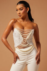 Eva Embellished Pearl Pant Set - White