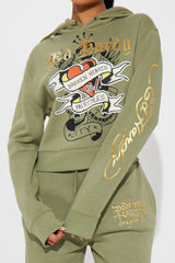 Ed Hardy Broken Hearts Cropped Hoodie - Sage