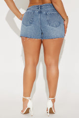 Out Of Line Ripped Crossover Denim Shorts - Dark Wash