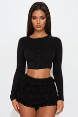 Raya Long Sleeve Ruffle Short Set - Black