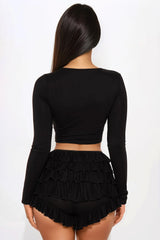 Raya Long Sleeve Ruffle Short Set - Black