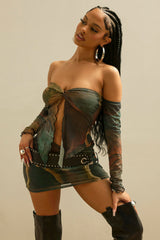 Jenna Mesh Skirt Set - Olive/combo
