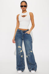 Both Sides Reconstructed Ripped Wide Leg Jeans - Dark Wash