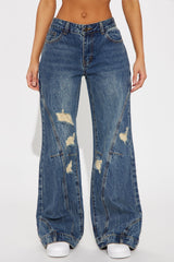 Both Sides Reconstructed Ripped Wide Leg Jeans - Dark Wash