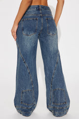 Both Sides Reconstructed Ripped Wide Leg Jeans - Dark Wash