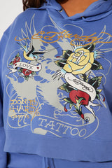 Ed Hardy Brave Eagle Cropped Hoodie - Blue