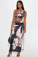 Mahalyn Satin Skirt Set - Black/combo