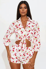 Fresh Cherries Linen Short Set - White/combo