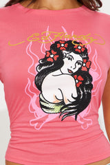 Ed Hardy Pinup Bloom Baby Tee - Pink
