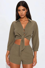 Catching Waves Linen Short Set - Olive