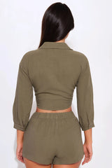 Catching Waves Linen Short Set - Olive