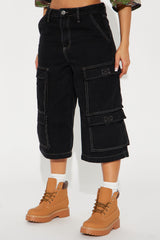 Denize High Rise Cargo Denim Jorts - Black