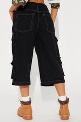 Denize High Rise Cargo Denim Jorts - Black