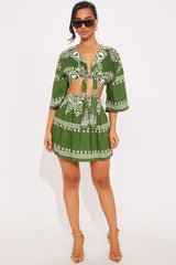 The Christina Linen Skirt Set - Olive/combo