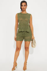 Sandy Beaches Crochet Short Set - Olive