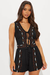 Floral Moment Linen Short Set - Black