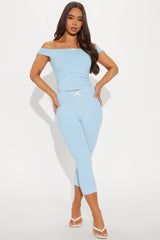 Clara Off Shoulder Ribbed Capri Set - Light Blue