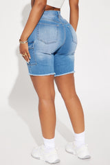 What Goes Around Stretch Cargo Denim Shorts - Medium Wash