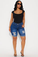 Sunny Side High Rise Bermuda Denim Shorts - Dark Wash