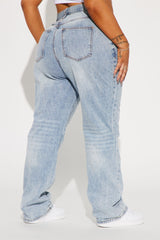 Step Waistband Crossover Jeans - Light Blue Wash