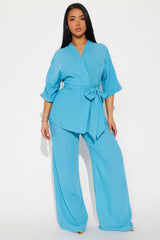 Perfect Getaway Linen Pant Set - Aqua