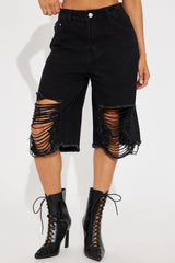 For Keeps Distressed Denim Bermuda Shorts - Black Wash