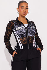 In My Archives Lace Zip Up Top - Black