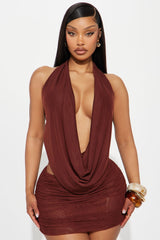 Shayna Cowl Halter Mesh Mini Skirt Set - Brown