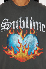 Sublime Flames Heart Washed Oversized Tee - Black