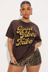 Good Vibes Tribe Rhinestone Tshirt  - Brown