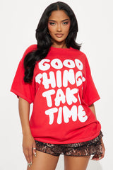 Good Things Take Time Washed Oversized Tee - Red