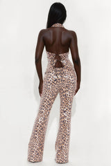 Melanie Sequin Leopard Halter Flare Pant Set - Brown/combo
