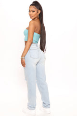 Beat Me To It Straight Leg Jeans - Light Blue Wash