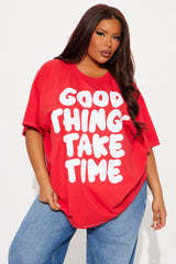 Good Things Take Time Washed Oversized Tee - Red