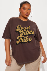 Good Vibes Tribe Rhinestone Tshirt  - Brown
