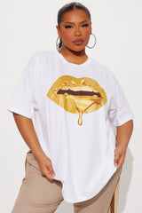 Glitter Lips Oversized Tee - White
