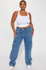 Tall Don't You Worry Wide Leg Cargo Jeans - Medium Blue Wash