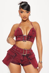 Lola Washed Denim Short Set - Burgundy