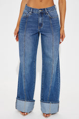 Unpredictable Cuffed Wide Leg Jeans - Medium Wash