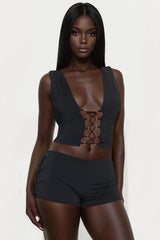 Sexy Stunner Lace Up Micro Short Set - Black